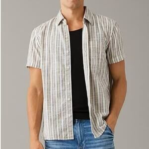 American Eagle Striped Button-Up Resort Shirt Cotton Cream Tan Mens Size Medium